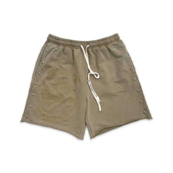 s2_c6d72a13-e682-40db-abba-f93a0cc4e904.webp Saint Vanity Terry Studded Logo Shorts “Sand” - Image 1